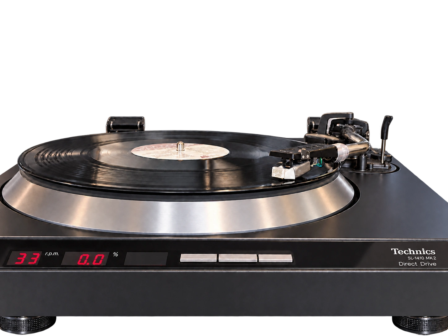 Technics SL-1410 MK2 turntable with Empire 7000/III cartridge; background removed and lighting cosmetically enhanced.