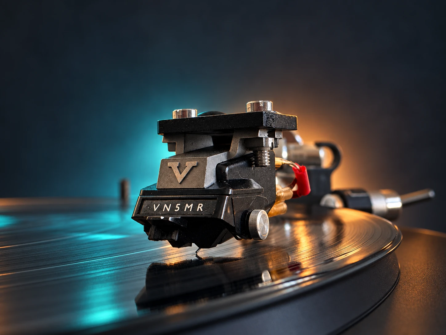 Shure V15 V with JICO MR stylus; supplied photograph cosmetically retouched with teal and amber backlighting.