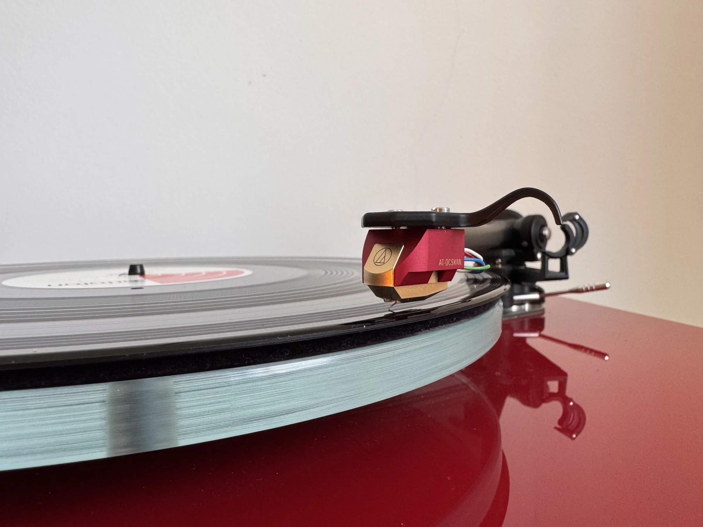 Audio-Technica AT-OC9XML cartridge on a Rega RB330 tonearm playing a record on a Rega P3 turntable.